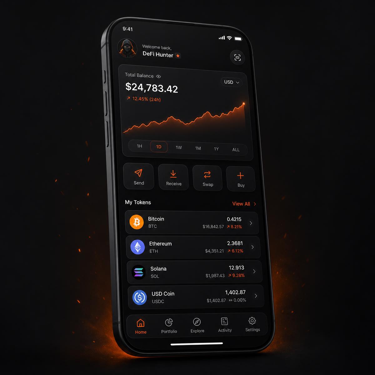 Vaultarc mobile app showing portfolio balance, swap actions and token holdings
