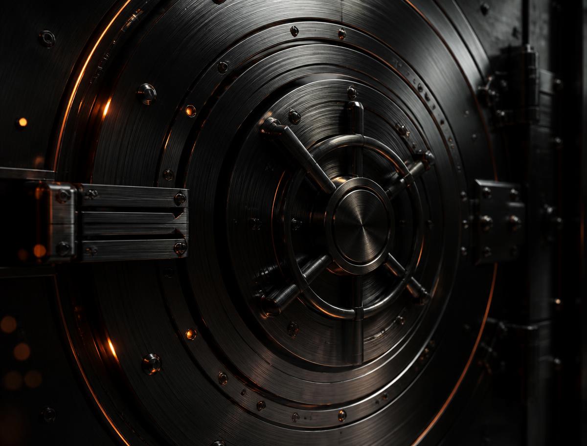 Close-up of a dark reinforced vault door with warm rim lighting